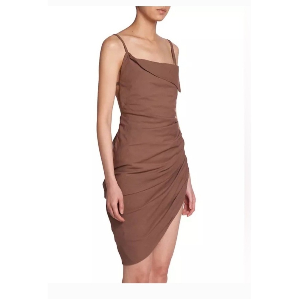 Jacquemus Brown Ruched‎ Asymmetrical Hem Spaghetti Strap Dress - Picture 2 of 16